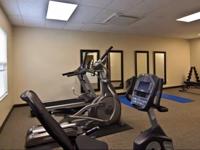 Exercise room with cardio equipment including a recumbent bike, elliptical machine, and treadmill. There are three large mirrors on the wall and a set of dumbbells on a rack in the background. The room has beige walls, carpeted floor, and fluorescent ceiling lights.
