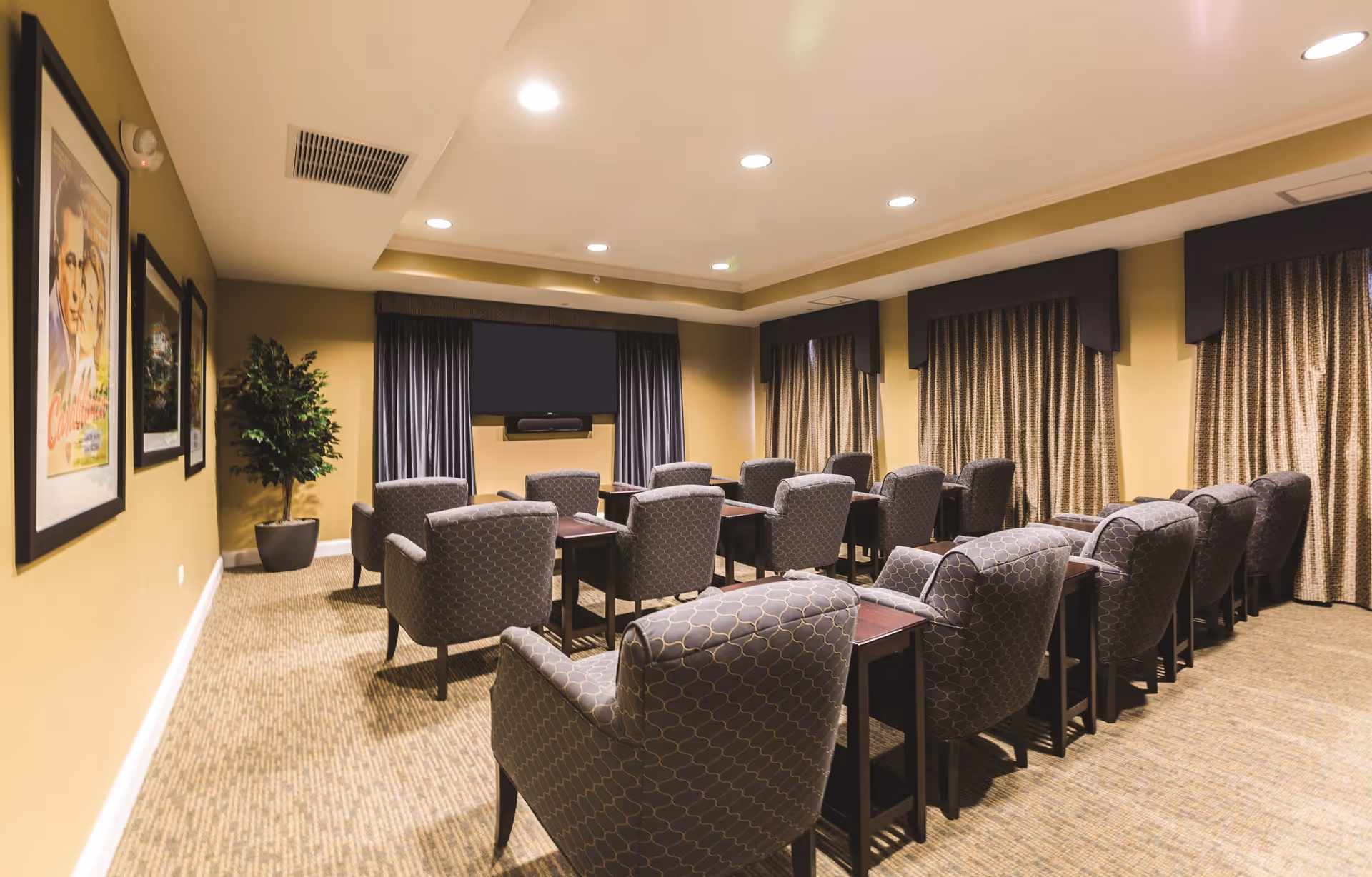 A cozy media room with multiple rows of patterned armchairs facing a wall-mounted flat screen TV. The room has beige walls, carpeted floor, framed movie posters on one wall, and windows with heavy curtains. A potted plant is placed in the corner.