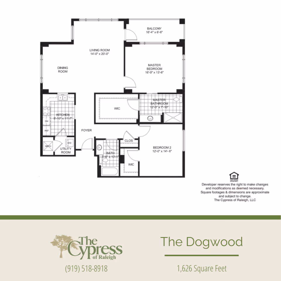 Floor plan layout of The Dogwood unit at The Cypress of Raleigh showing a living room, dining room, kitchen, utility room, foyer, master bedroom with master bathroom and walk-in closet, second bedroom with walk-in closet, second bathroom, and a balcony. Dimensions for each room are included.