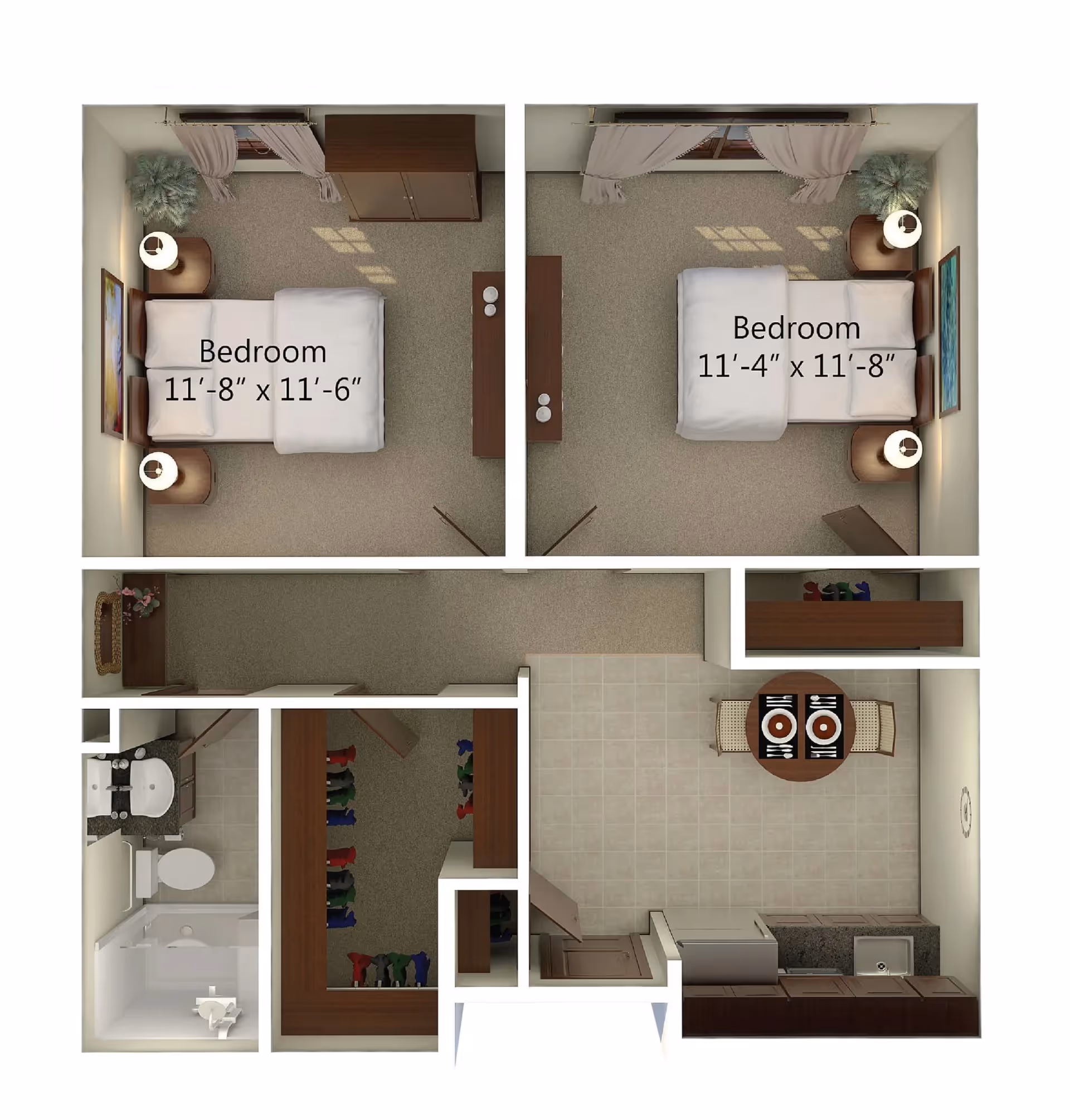 Top-down floor plan of a living space featuring two bedrooms with beds, nightstands, lamps, and windows with curtains. The left bedroom measures 11 feet 8 inches by 11 feet 6 inches, and the right bedroom measures 11 feet 4 inches by 11 feet 8 inches. The layout also includes a bathroom with a toilet, sink, and shower, a walk-in closet, and a kitchen/dining area with a round table set for two, cabinets, a refrigerator, and a sink.
