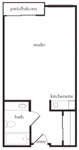 Floor plan of a studio apartment featuring a patio/balcony, a main studio living area, a kitchenette, a bathroom with a bathtub and toilet, and an entryway.