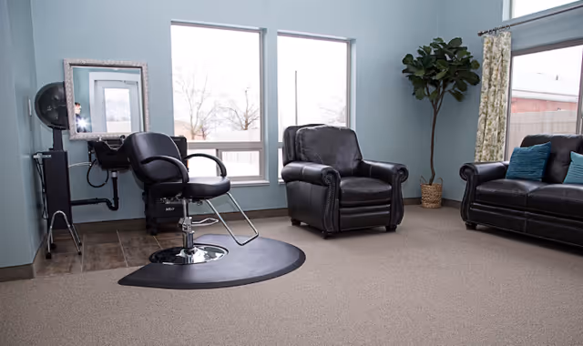 A bright room with light blue walls featuring a black salon chair and mirror setup on the left, two black leather armchairs, a black leather sofa with blue cushions, a tall potted plant in the corner, and large windows letting in natural light.