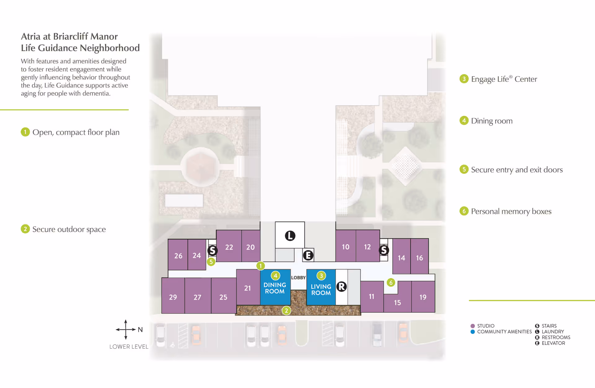 Floor plan of Atria at Briarcliff Manor Life Guidance Neighborhood showing an open, compact layout with secure outdoor space, dining room, living room, Engage Life Center, secure entry and exit doors, and personal memory boxes. The plan includes labeled studio apartments, community amenities, stairs, laundry, restrooms, and elevator locations.