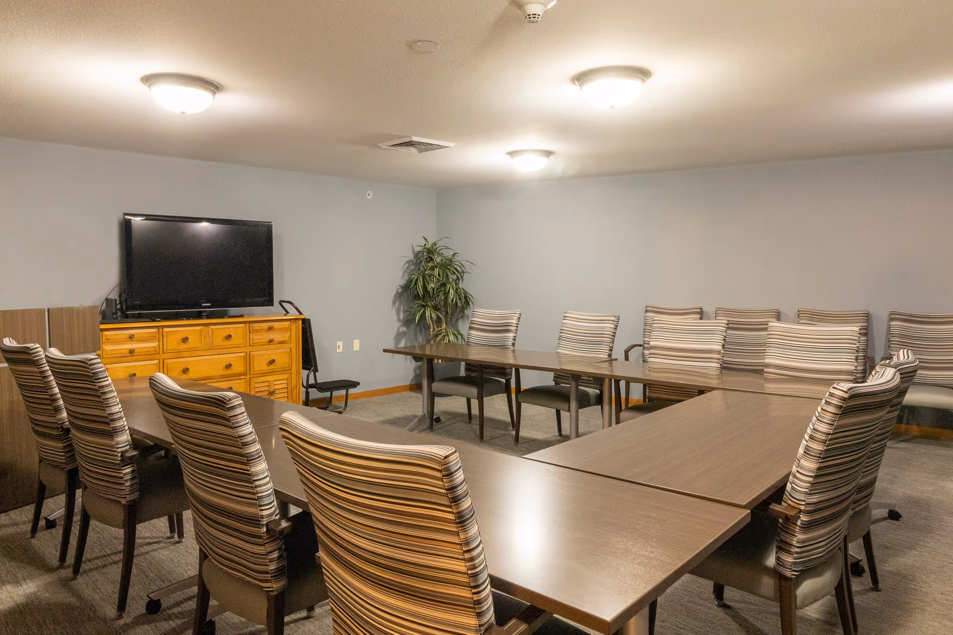 A meeting or conference room with a U-shaped arrangement of tables surrounded by striped upholstered chairs. A wooden dresser with multiple drawers holds a flat-screen TV against a light blue wall. There is a potted plant in the corner and ceiling lights illuminating the room.