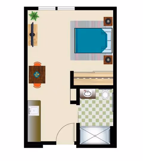 Floor plan of a small studio apartment with a combined living and sleeping area, including a bed, two nightstands, a TV on a stand, a dining table with two chairs, a kitchenette with a sink, and a bathroom with a sink, toilet, and shower.