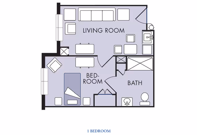 One-bedroom floor plan illustrating a living room, bedroom, and bath with furniture and fixtures.
