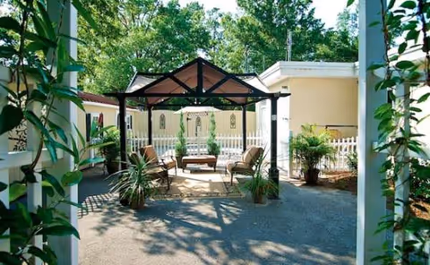 Shaded outdoor seating area with chairs under a gazebo and surrounding greenery.
