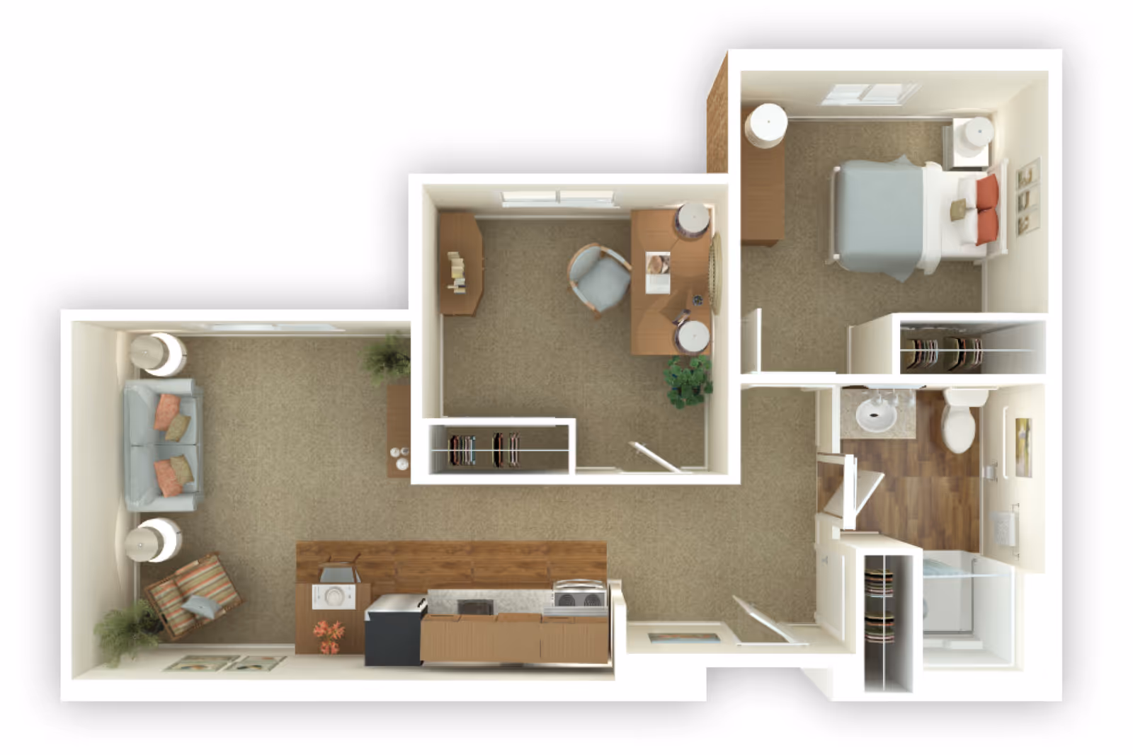 Top-down view of a one-bedroom apartment floor plan featuring a living room with a sofa and chair, a kitchen with appliances and counter space, a bedroom with a bed and dresser, a bathroom with a shower, toilet, and sink, and a small office area with a desk and chair.