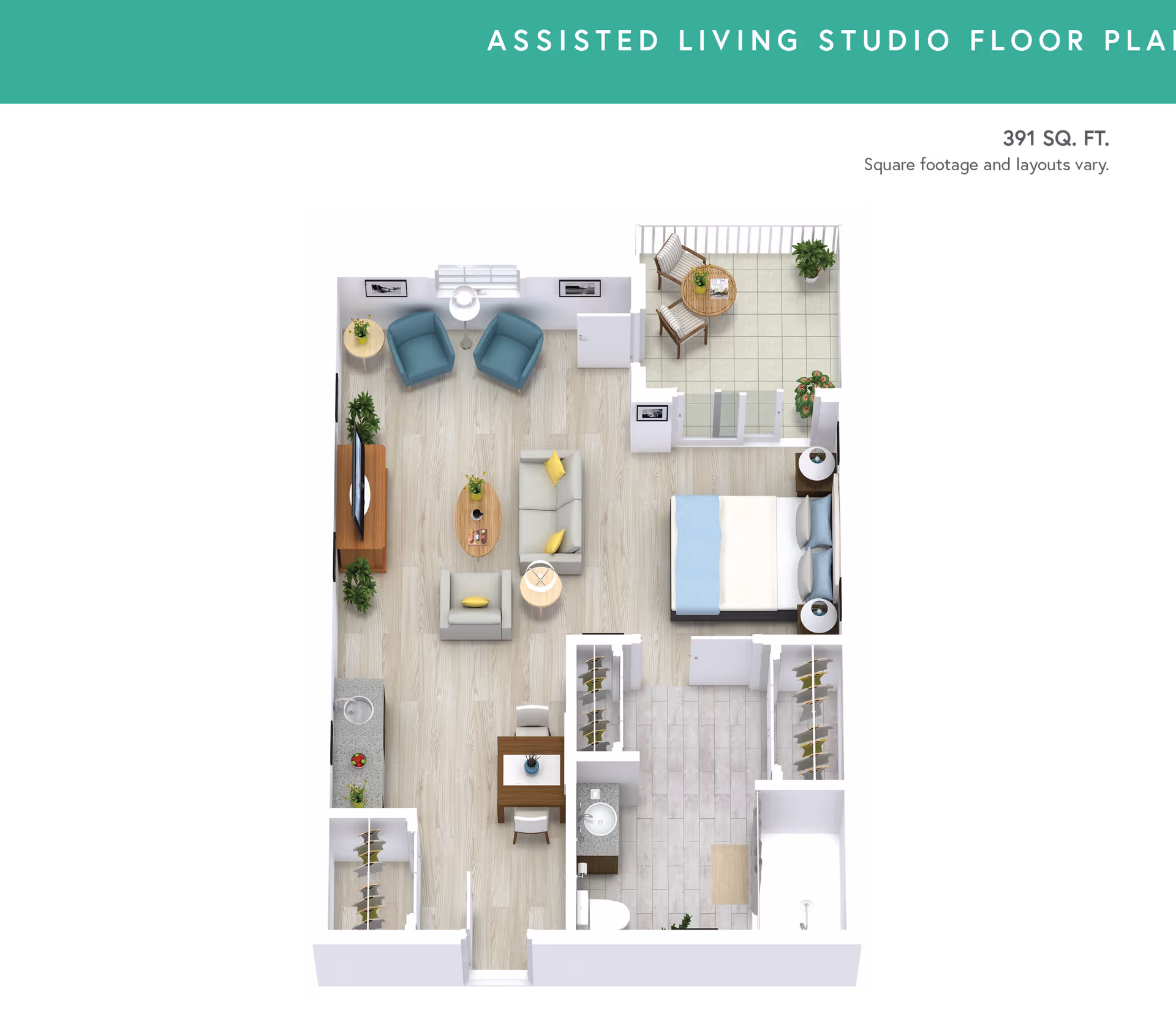 Top-down view of a studio floor plan featuring a living area with seating, a dining table, a kitchenette, and a bedroom area with a bed.