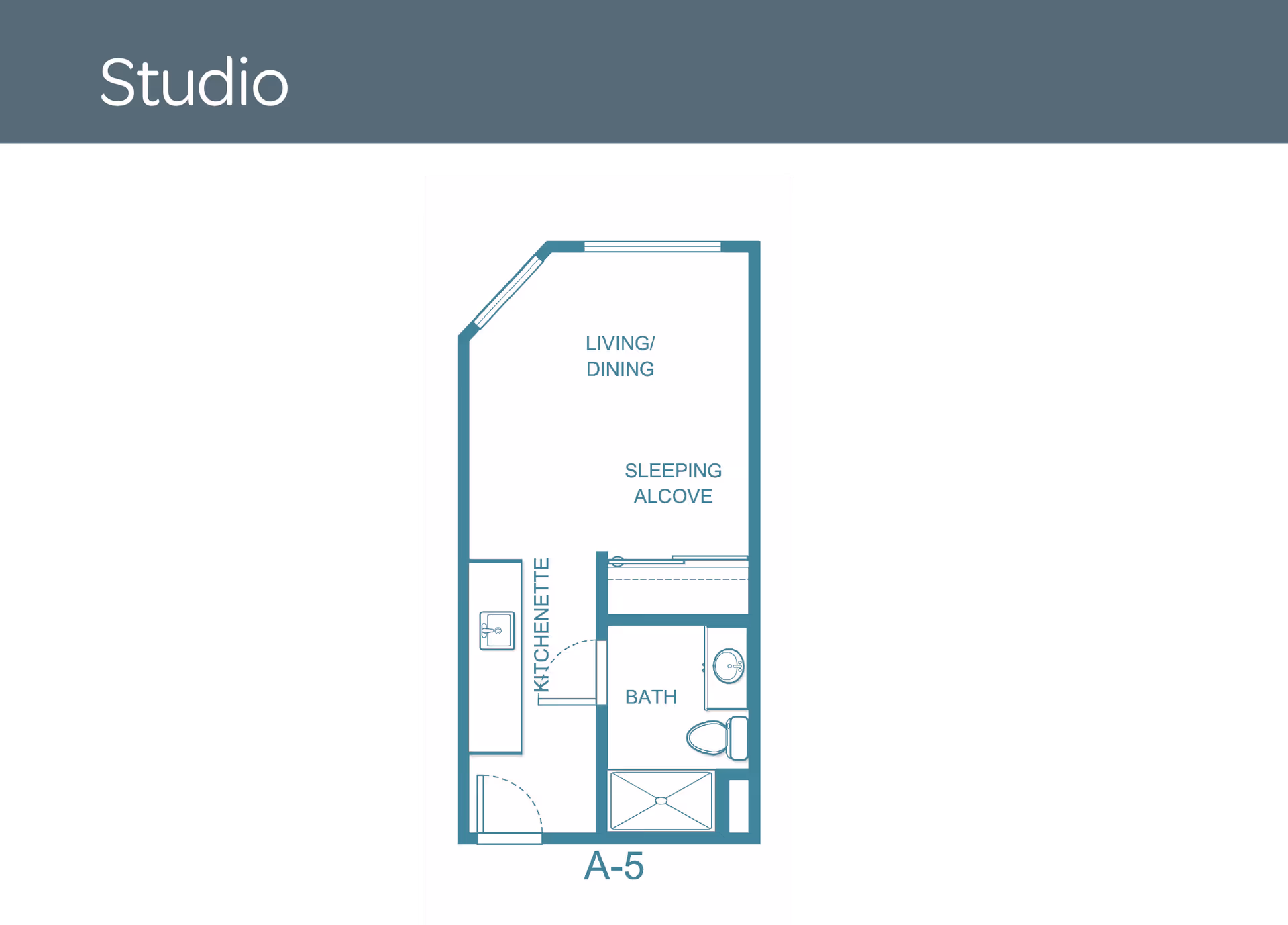 Floor plan of a studio apartment labeled A-5, showing a living/dining area, sleeping alcove, kitchenette, and a bathroom with a shower, toilet, and sink.