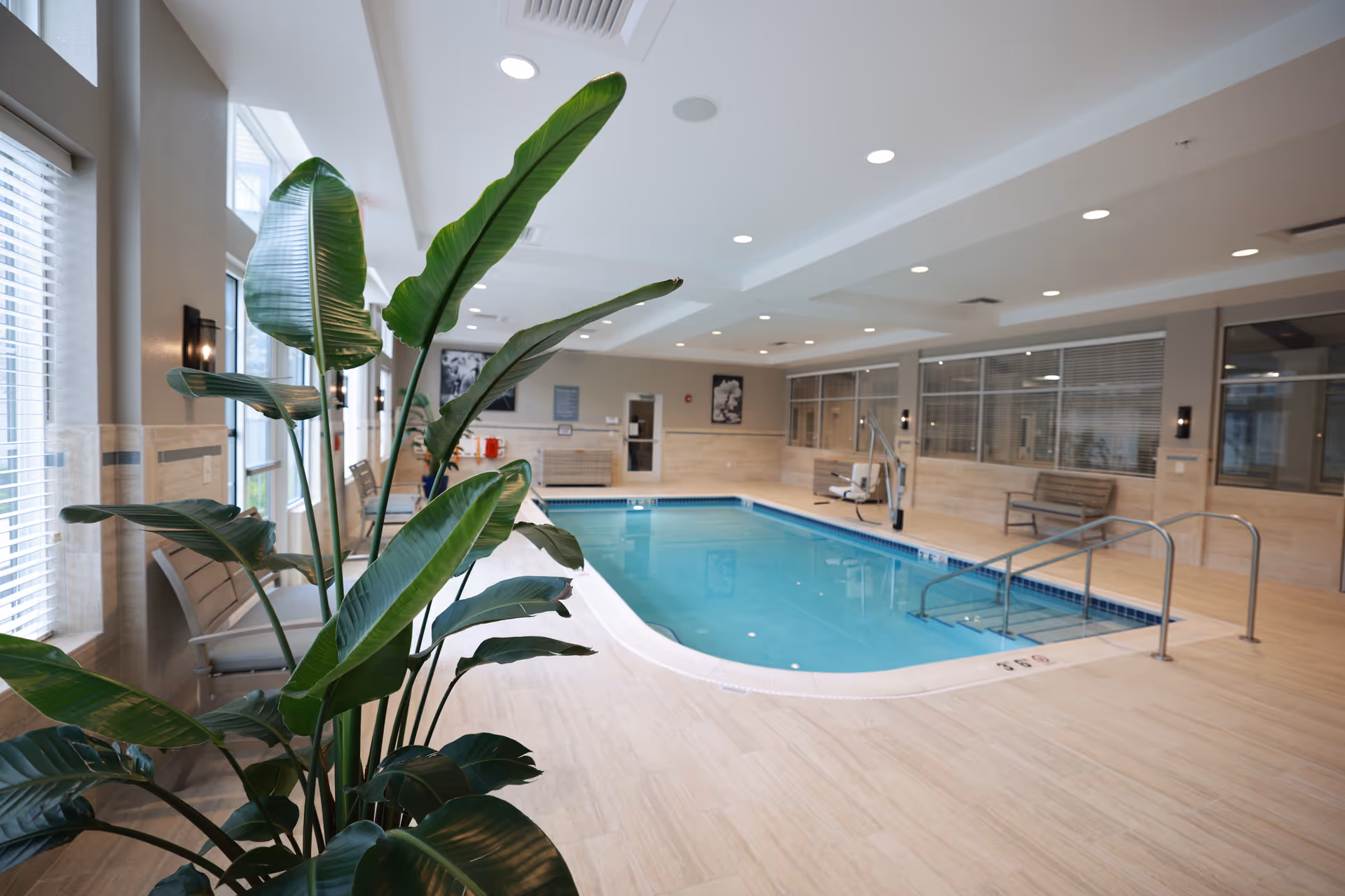 Indoor swimming pool area with clear blue water, surrounded by beige tiled flooring and walls. Several benches are placed along the walls, and a large green plant is in the foreground near windows with blinds. The ceiling has recessed lighting, and there is a pool lift for accessibility.