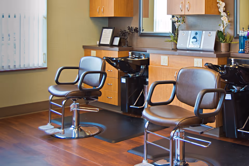 Interior view of a hair salon area with two brown salon chairs in front of black hair washing sinks. The background features wooden cabinets, a mirror, a stereo system, and decorative plants. The floor is wooden, and there is a window with vertical blinds on the left side.