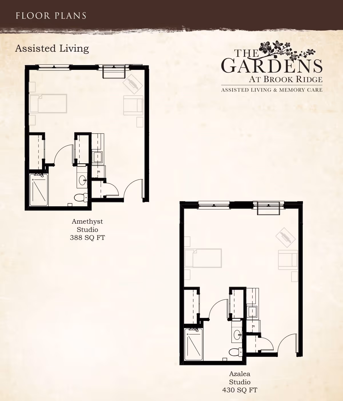 Floor plans for two assisted living studio apartments at The Gardens at Brook Ridge Assisted Living & Memory Care. The Amethyst Studio is 388 square feet and includes a combined living and sleeping area, a bathroom with a shower, and a small kitchenette. The Azalea Studio is 430 square feet with a similar layout including a living and sleeping area, bathroom with shower, and kitchenette. Both floor plans show furniture placement and room dimensions.