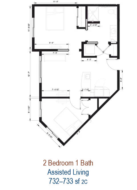 Blueprint-style floor plan for a 2-bedroom, 1-bath assisted living apartment showing room layouts and measurements.