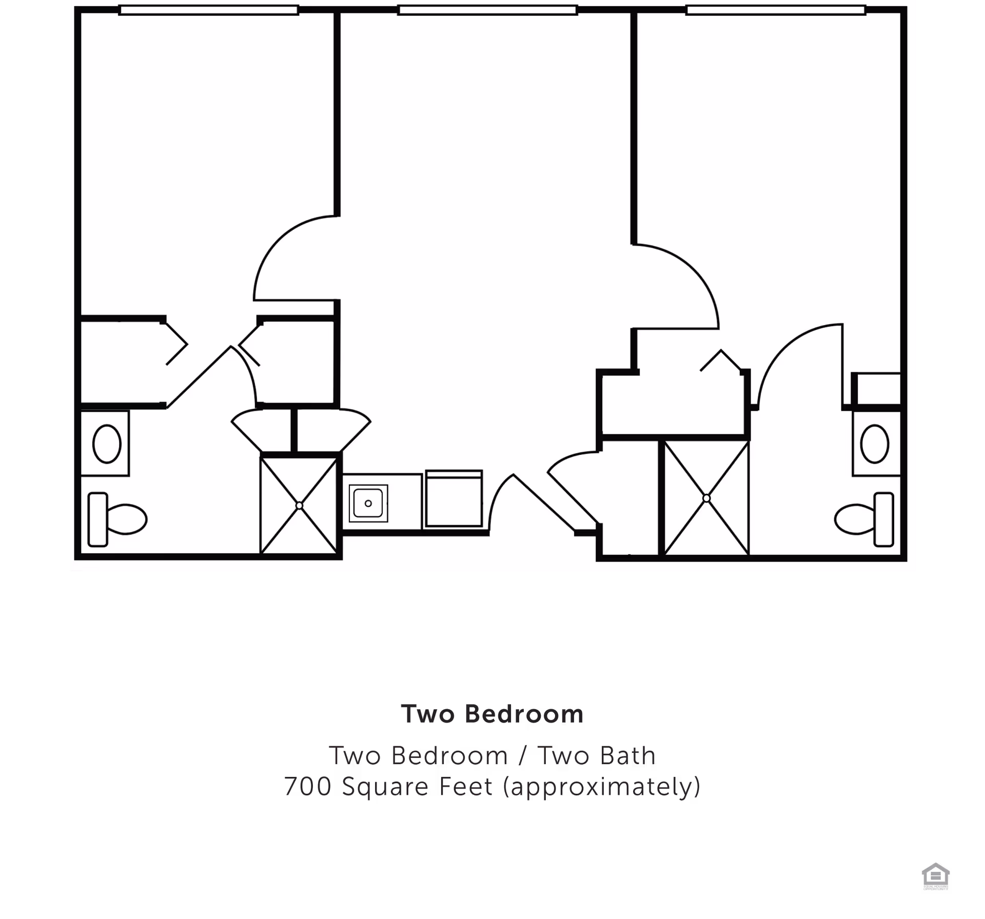 Floor plan layout of a two-bedroom, two-bath apartment with approximately 700 square feet. The plan shows two bedrooms, two bathrooms, and a central living area with kitchen fixtures.