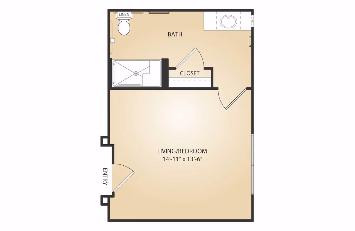 Floor plan of a studio apartment with a combined living and bedroom area measuring 14 feet 11 inches by 13 feet 6 inches, an entry door, a bathroom with a toilet, shower, sink, linen closet, and a separate closet near the bathroom.