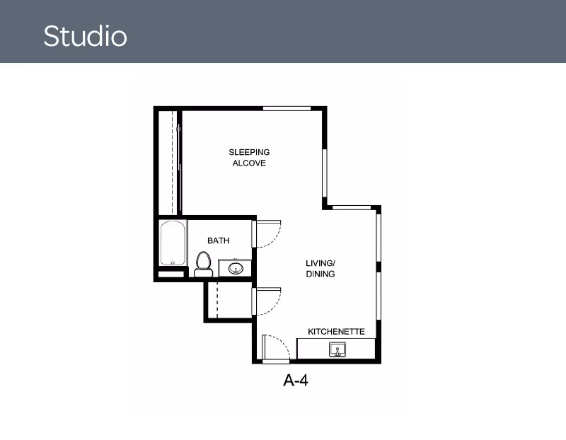 Black-and-white studio floor plan labeled A-4 showing a sleeping alcove, bath, living/dining area, and kitchenette.