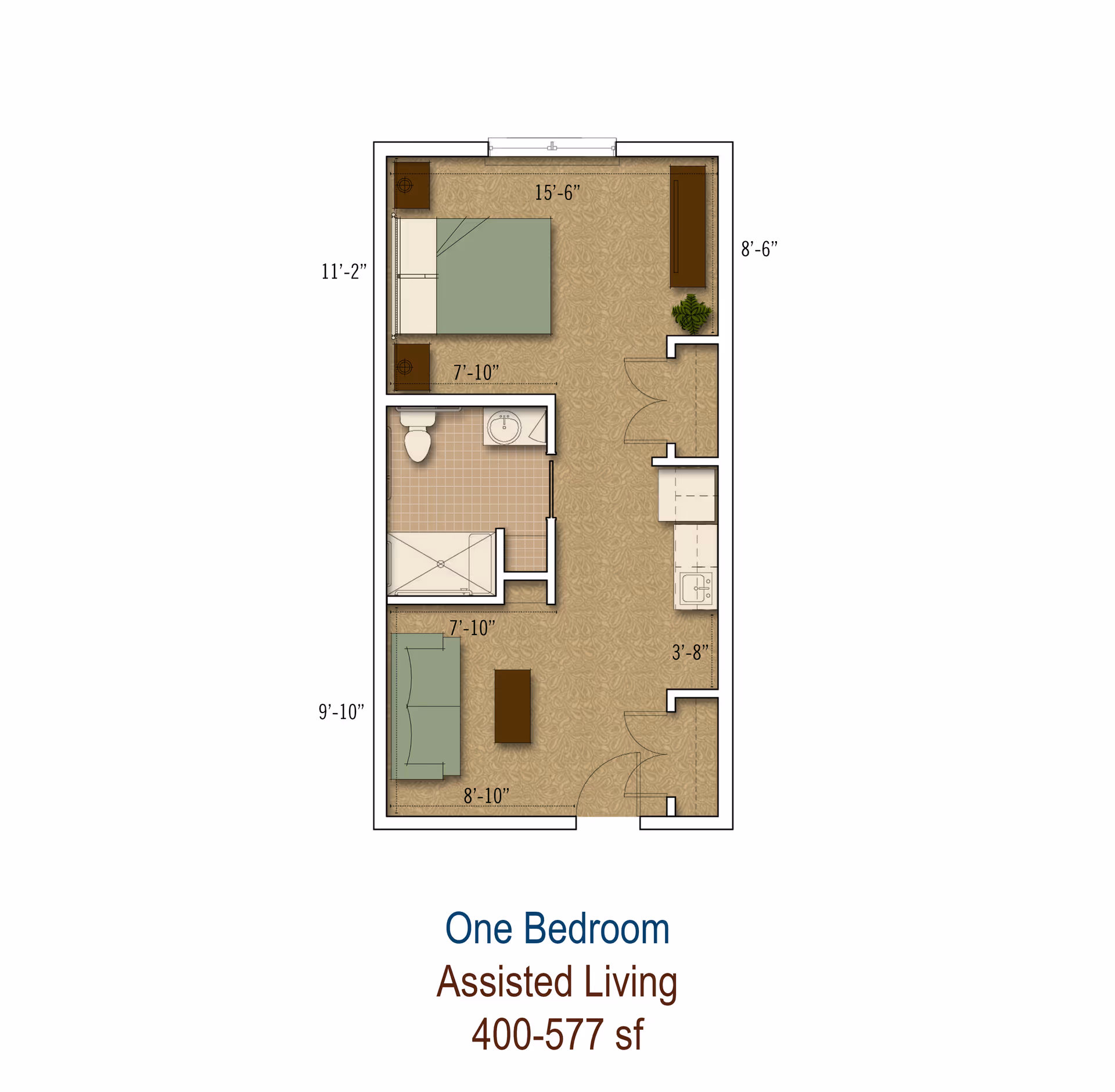 Floor plan of a one-bedroom assisted living apartment showing a bedroom with a bed and nightstands, a bathroom with a toilet, sink, and shower, a living area with a sofa and coffee table, and a kitchenette. Dimensions of each area are labeled.