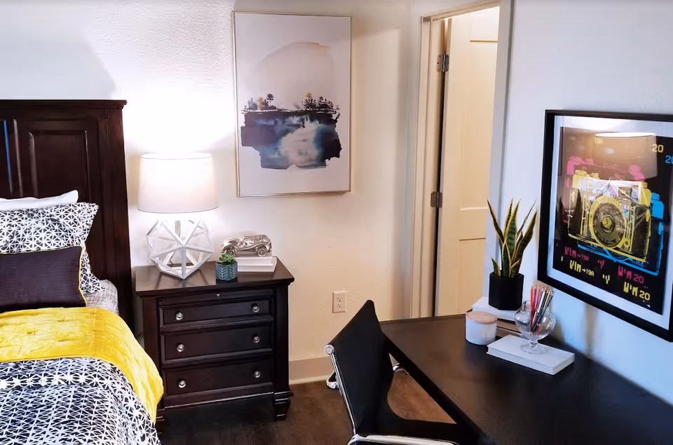 A bedroom featuring a bed with patterned black and white bedding and a yellow throw blanket. Next to the bed is a dark wooden nightstand with a modern white lamp, a small plant, and a decorative silver car. On the wall above the nightstand is an abstract painting. To the right is a dark desk with a black chair, a potted snake plant, a container with colored pencils, and a framed colorful artwork of a camera on the wall. A door is visible in the background.