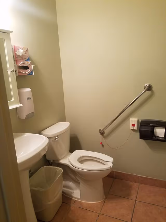 A small bathroom with a white toilet, a white pedestal sink, a trash can, a wall-mounted soap dispenser, a wall-mounted tissue box holder with tissues, a grab bar on the wall, and a call button with a red pull cord. The floor is tiled with brown tiles and the walls are painted light green.