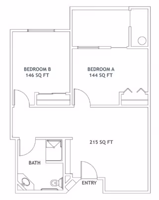 Architectural floor plan showing two bedrooms labeled Bedroom A (144 sq ft) and Bedroom B (146 sq ft), a bathroom, an entry area, and a larger central room measuring 215 sq ft.