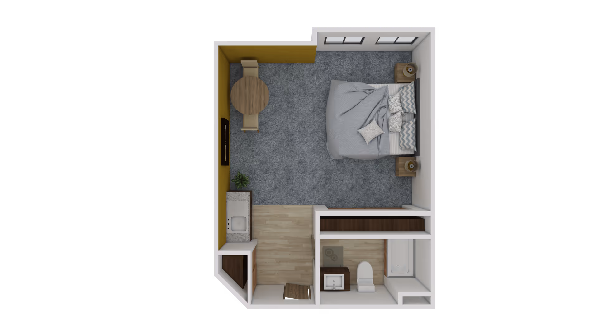 Top-down view of a senior living studio apartment floor plan featuring a bedroom area with a bed, two nightstands, and a small round dining table with two chairs. The apartment also includes a kitchenette with a sink and countertop, a bathroom with a toilet, sink, and shower, and a closet space. The bedroom area has carpet flooring, while the kitchenette and bathroom have wood and tile flooring respectively.