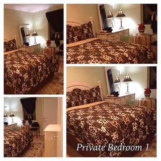 Collage of images showing a private bedroom with a bed covered in a brown and beige patterned comforter, a nightstand with a lamp and a small red plant, a chair, and a window with dark curtains.