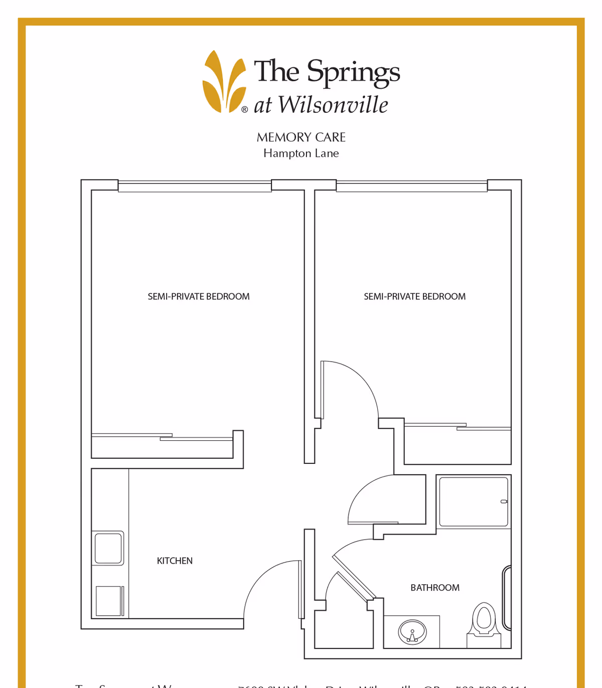 Black-and-white floor plan of The Springs at Wilsonville memory care showing two semi-private bedrooms, a kitchen, and a bathroom.