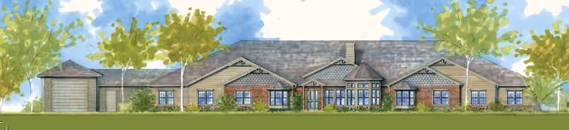 Illustration of a single-story brick building with multiple windows and a central entrance, surrounded by trees and grass under a partly cloudy sky.