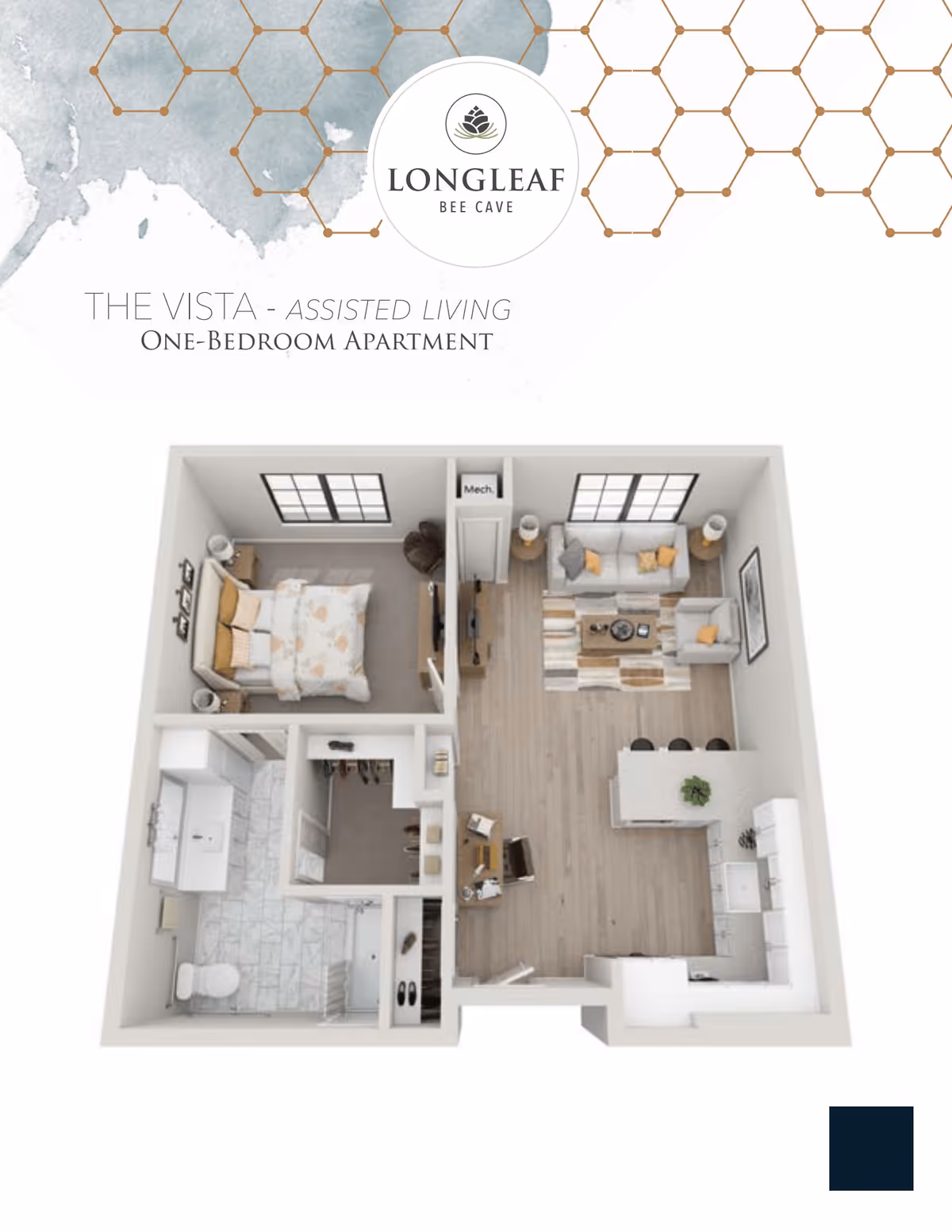 Floor plan of The Vista one-bedroom assisted living apartment at Longleaf Bee Cave, showing a bedroom with a bed and nightstands, a bathroom with a shower and toilet, a walk-in closet, a living room with sofa, armchair, coffee table, and TV, and a kitchen with an island and bar stools.