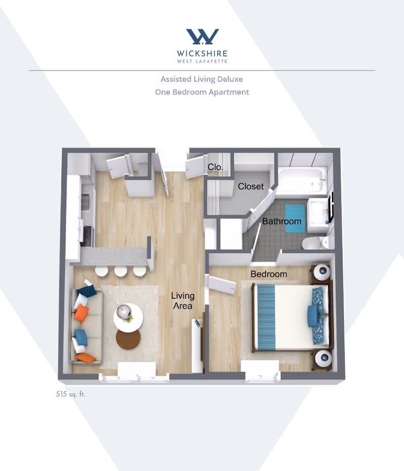3D floor plan of a one-bedroom assisted living deluxe apartment at Wickshire West Lafayette, showing a living area with sofa and coffee table, kitchen with counter and stools, bedroom with bed and nightstands, bathroom with bathtub, sink, and toilet, and a closet.
