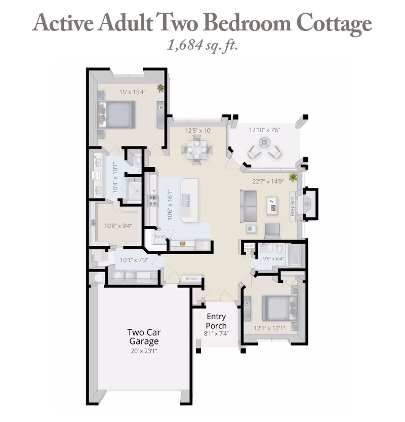 Floor plan of an Active Adult Two Bedroom Cottage with 1,684 square feet, showing two bedrooms, two bathrooms, a kitchen with an island and pantry, dining area, living room with fireplace, entry porch, and a two-car garage.