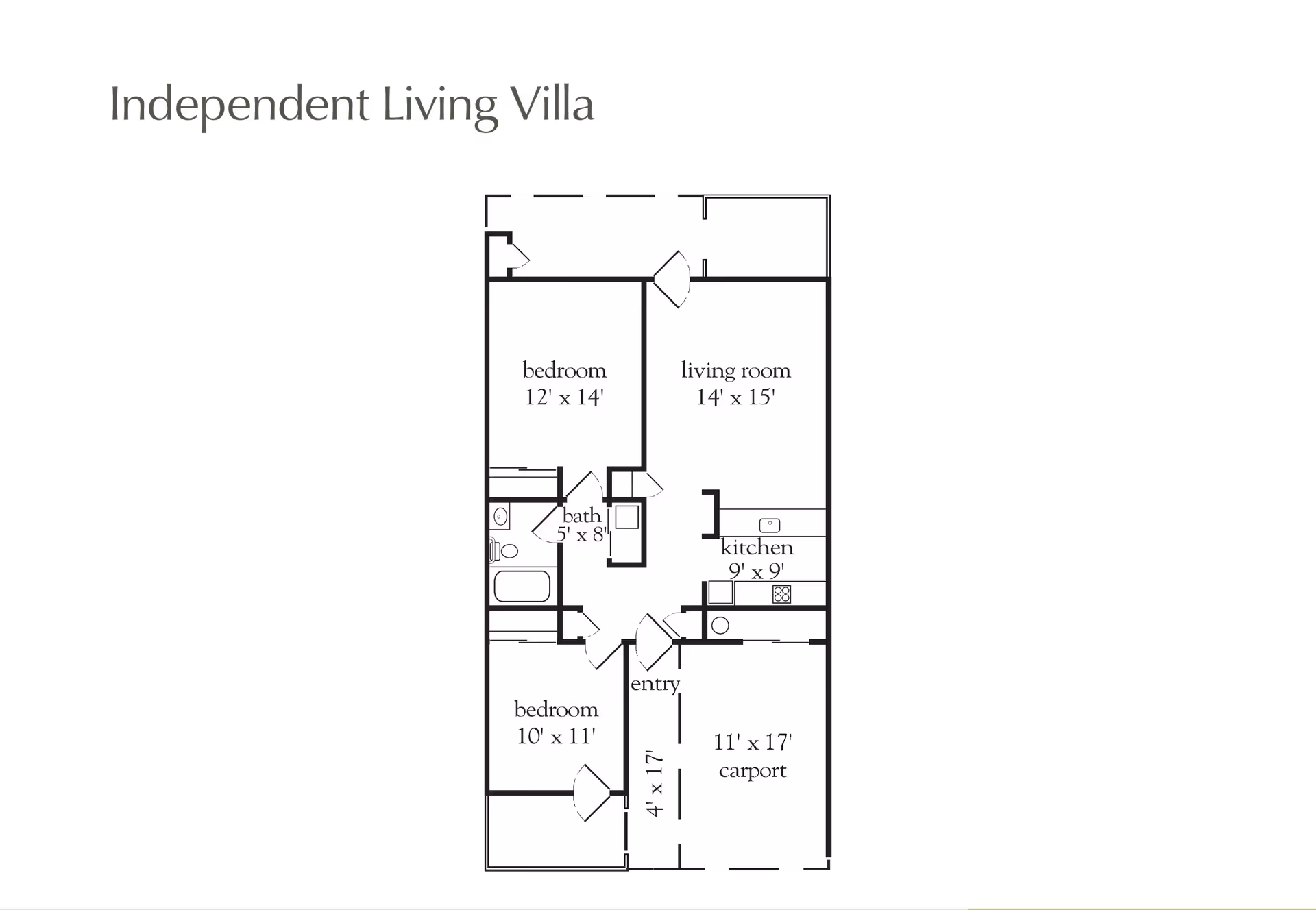 Floor plan of an Independent Living Villa showing two bedrooms, a living room, a kitchen, a bathroom, an entry area, and a carport with dimensions for each room.