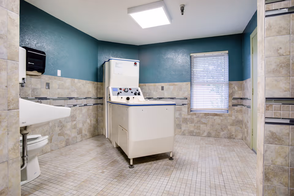 A tiled bathroom featuring a large walk-in therapeutic bathing tub in the center, a sink and toilet to the left, and a window on the back wall.