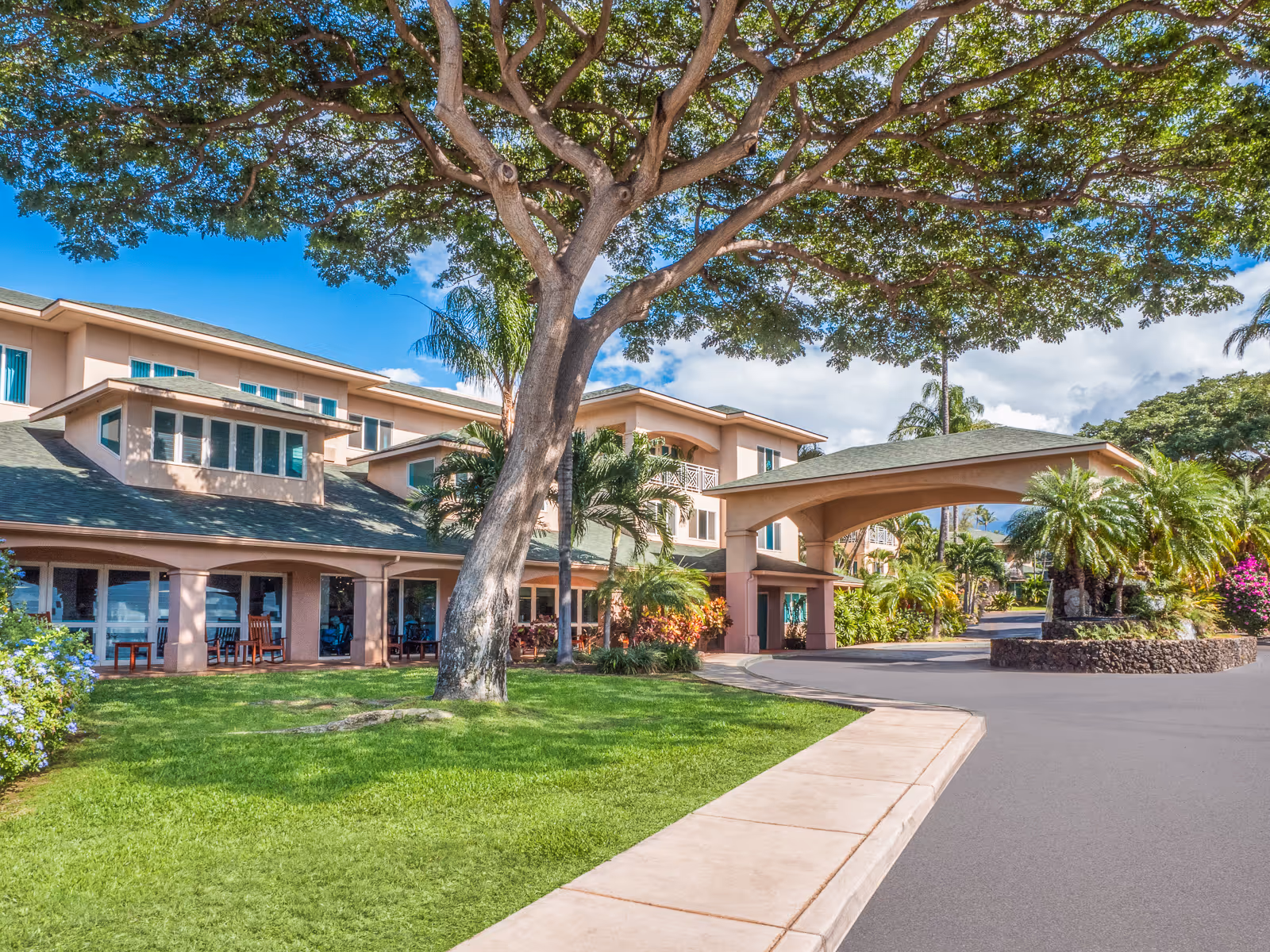 Exterior view of Holiday Kalama Heights facility showing a large tree in the foreground, well-maintained green lawn, palm trees, and a multi-story building with a covered entrance driveway under a blue sky with some clouds.