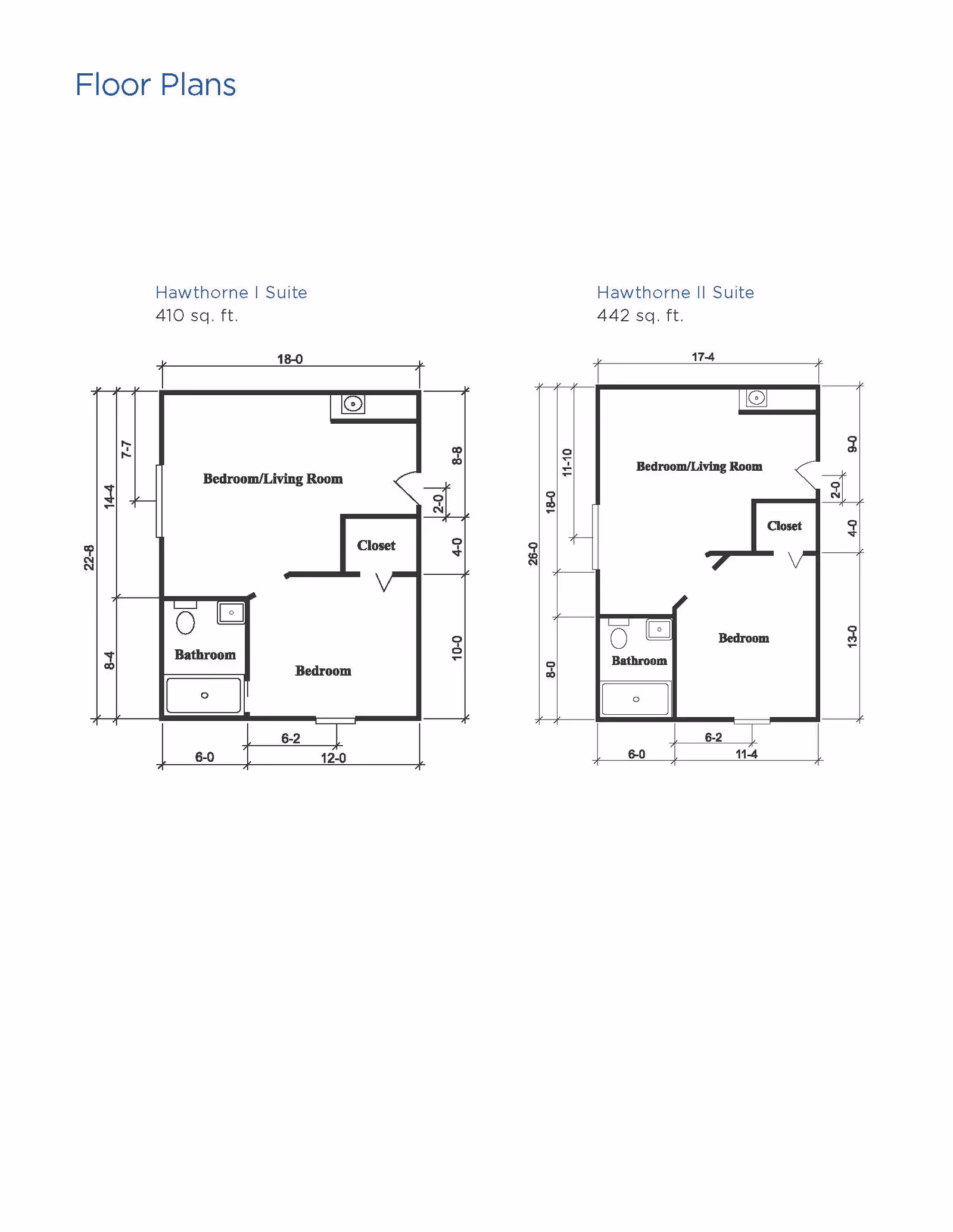 Two black-and-white floor plan diagrams labeled Hawthorne I Suite and Hawthorne II Suite showing room layouts and dimensions.