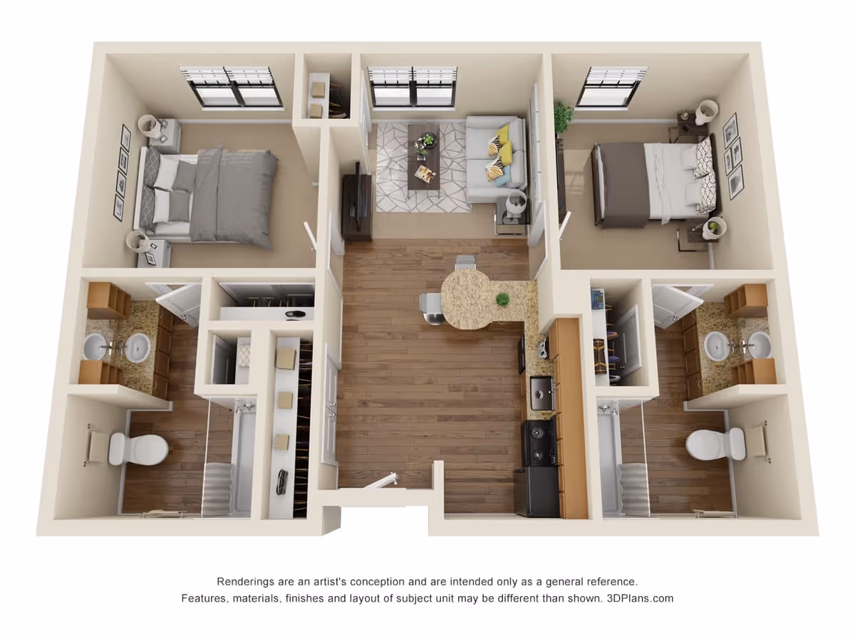 Top-down 3D floor plan of a two-bedroom, two-bath apartment with a central living area and kitchen.