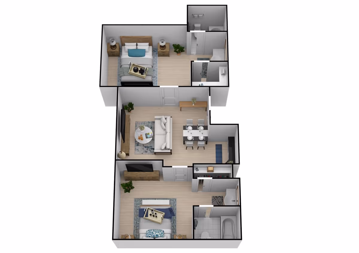 3D floor plan of a senior living apartment at The Goldton at Southaven showing two bedrooms, two bathrooms, a living room with a sofa and TV, a dining area with a table and four chairs, and a kitchen area.