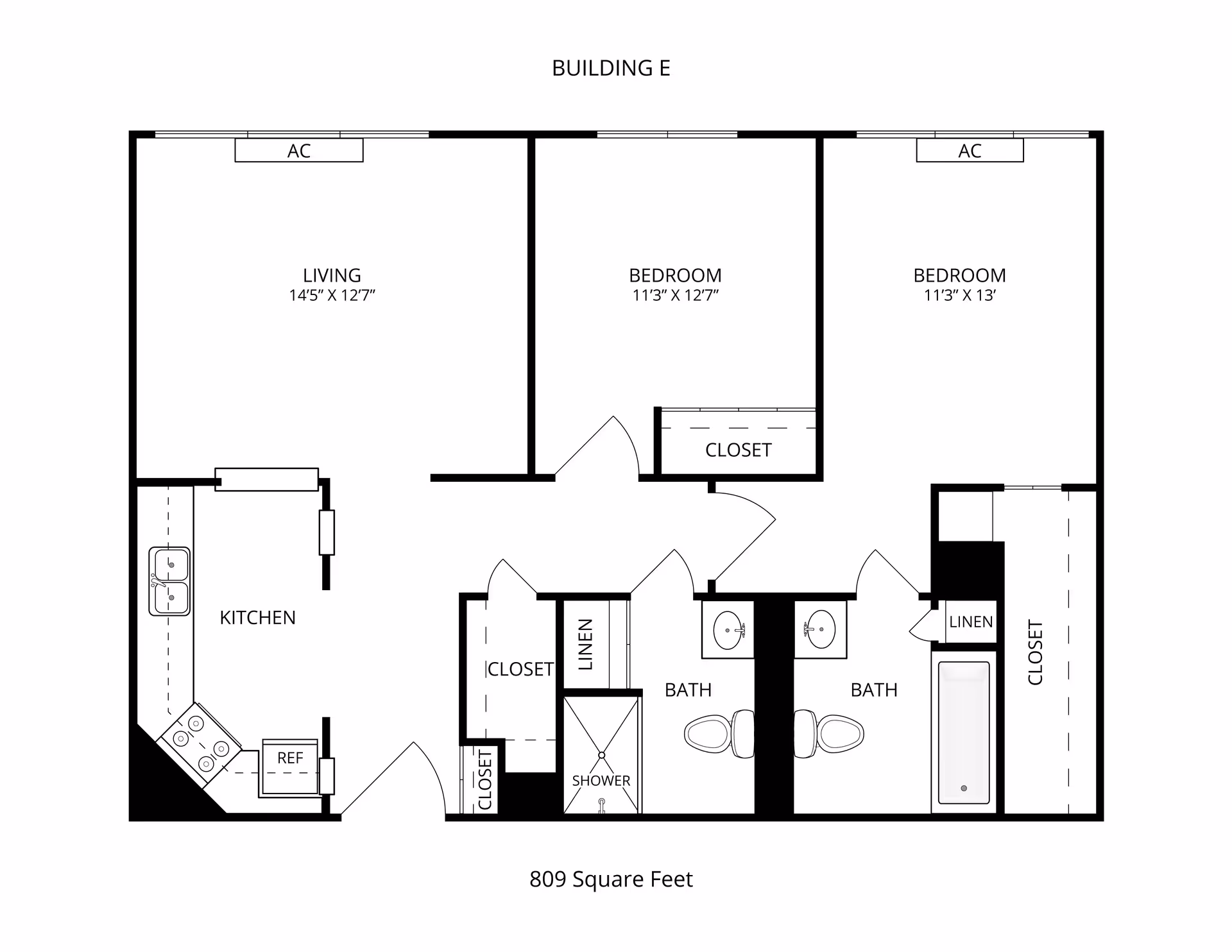 Floor plan of Building E at Ascension Living Resurrection Village showing a layout with two bedrooms, two bathrooms, a living room, and a kitchen. The living room measures 14 feet 5 inches by 12 feet 7 inches. One bedroom measures 11 feet 3 inches by 12 feet 7 inches and the other bedroom measures 11 feet 3 inches by 13 feet. The kitchen includes a refrigerator and stove. There are closets and linen storage areas throughout. The total area is 809 square feet.