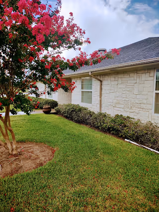 Stone-faced single-story building exterior with a manicured lawn, shrubs, and a blooming pink crepe myrtle under a partly cloudy sky.