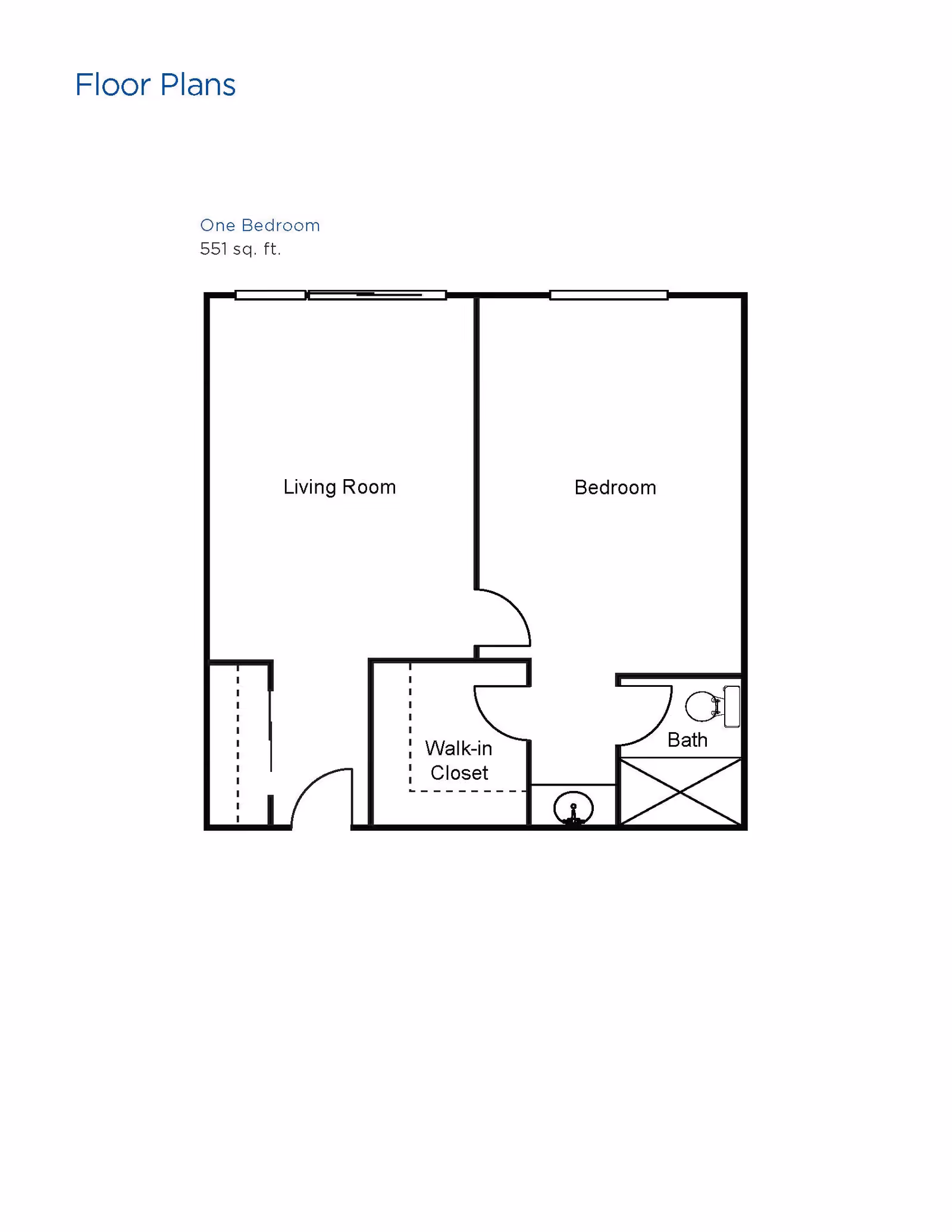 Floor plan of a one-bedroom apartment with 551 square feet, showing a living room, bedroom, walk-in closet, and bathroom.