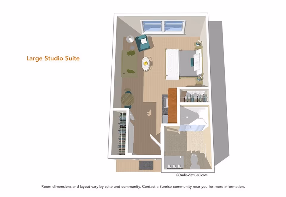 3D floor plan of a large studio suite showing a combined living and sleeping area with a bed, armchair, sofa, coffee table, and a small dining table with two chairs. The suite includes a bathroom with a shower, toilet, and sink, as well as a closet space near the entrance.