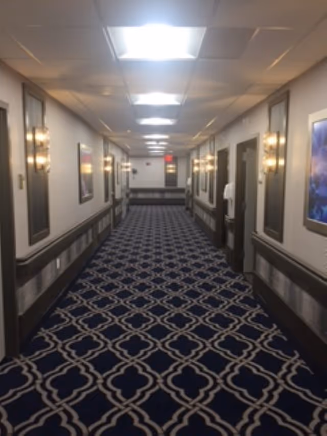 A long, well-lit hallway with patterned blue carpet and multiple doors on both sides. The walls are decorated with framed artwork and wall sconces emitting warm light. The ceiling has recessed lighting panels.