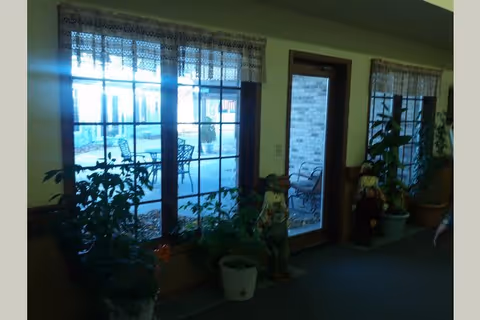 Interior view of a room with large windows and a glass door leading to an outdoor patio area. Several potted plants are placed near the windows and door, along with two decorative scarecrow figures. The windows have lace curtains at the top.