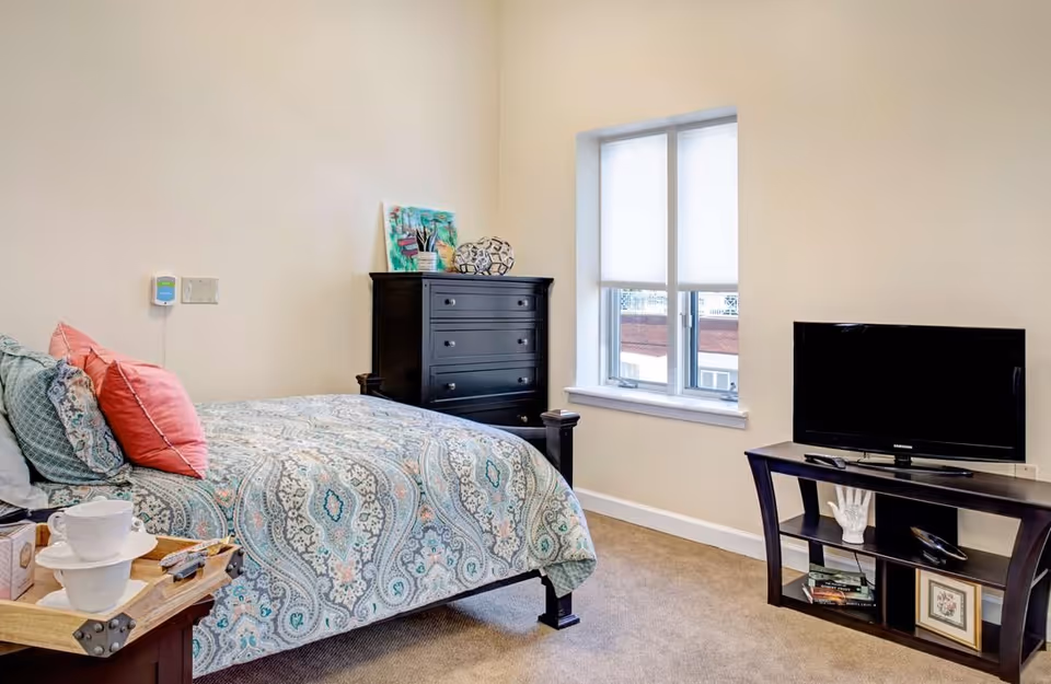 A bedroom with a bed covered in a patterned blue and white bedspread with pink and blue pillows. There is a black dresser with decorative items on top, a window with blinds, and a TV on a dark wooden stand with shelves holding books and decorative objects.