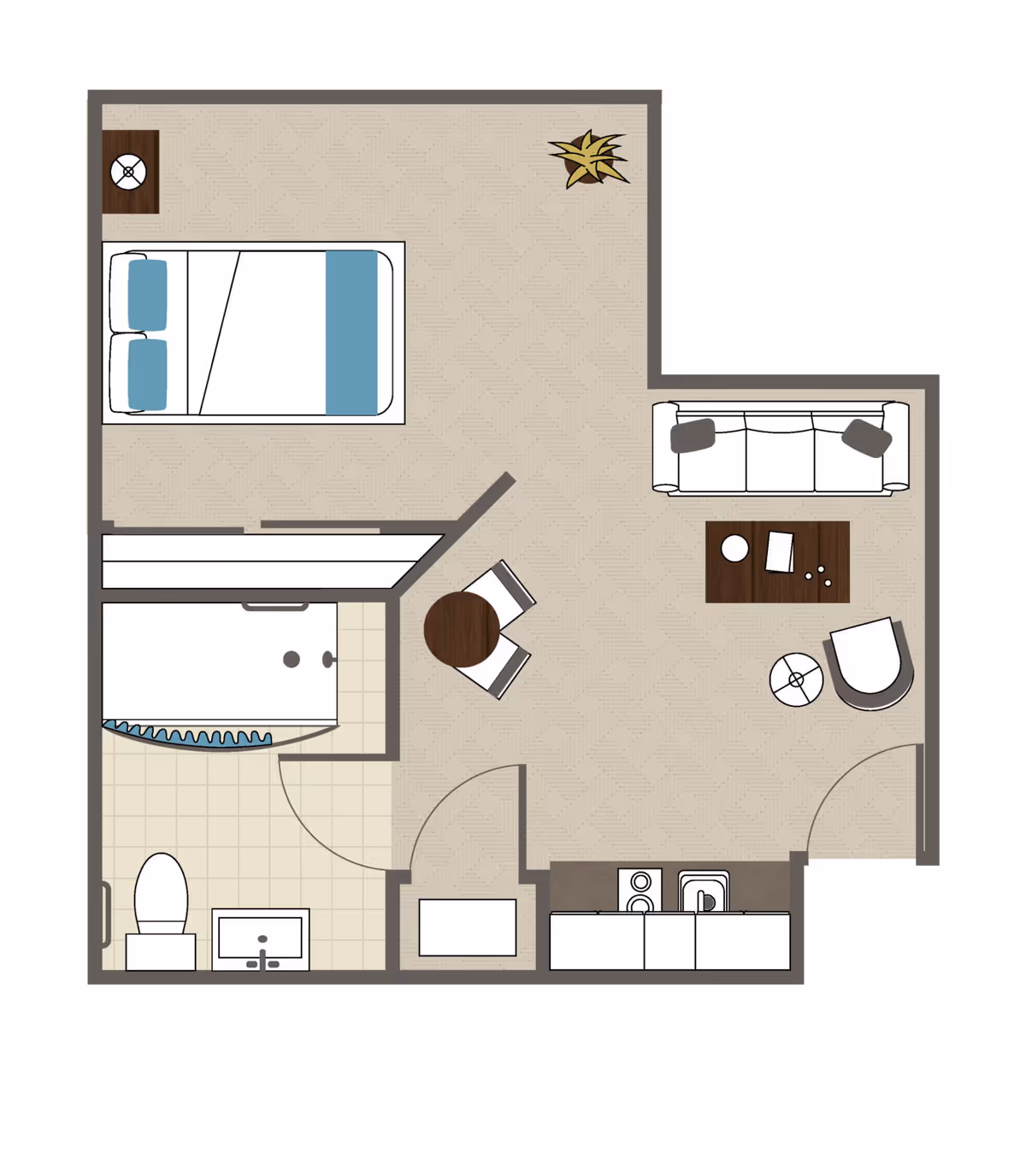 Floor plan of a studio apartment featuring a bedroom area with a bed and nightstand, a bathroom with a toilet, sink, and shower, a small dining area with a round table and two chairs, a living area with a sofa, coffee table, armchair, and side table, and a kitchenette with a sink and stove. There is also a small plant in the living area.