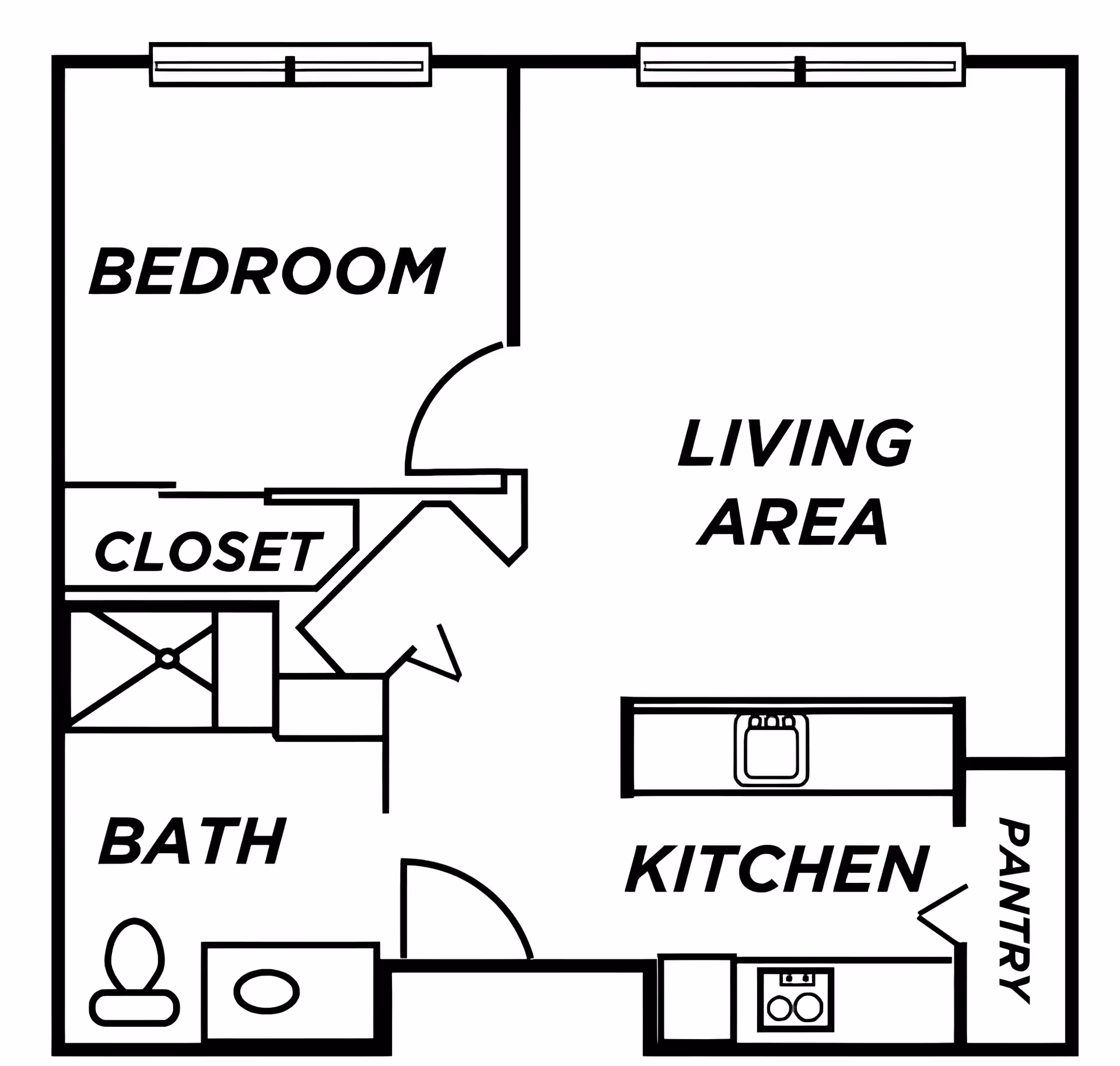 Floor plan of a one-bedroom apartment at Avamere at Seaside showing a bedroom with closet, a bathroom, a kitchen with pantry, and a living area.