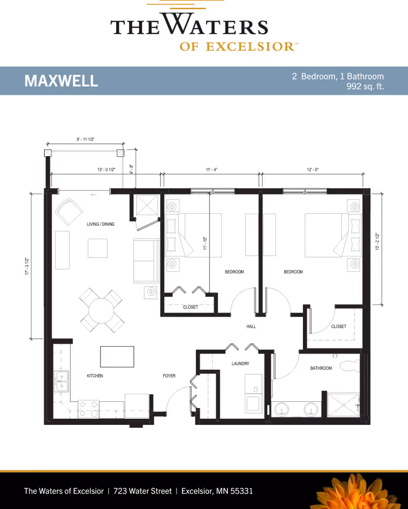 Floor plan titled "MAXWELL" showing a 2-bedroom, 1-bathroom apartment layout with The Waters of Excelsior branding.