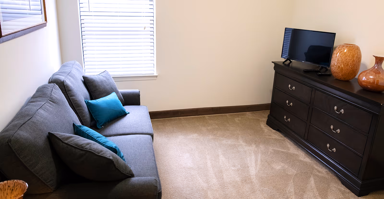 Small living room with a gray sofa and teal pillows facing a dark wood dresser topped with a TV and decorative vases.