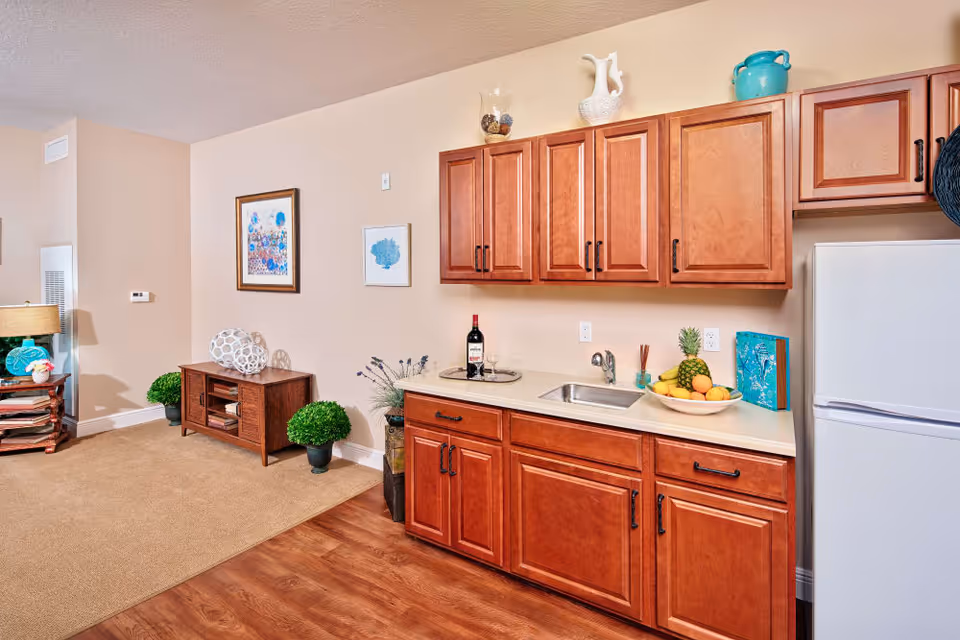 Small open kitchenette with cherry wood cabinets, a sink and countertop with fruit and wine, adjacent to a carpeted living area with a console table and decorative plants.